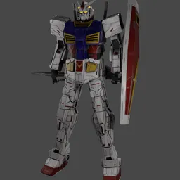 "Low Poly Gundam RX-78-2 3D Model with Shield on Gray Background - Created in Blender 3D"