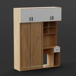 High-quality 3D Blender model showcasing a modern wardrobe with integrated study desk and shelving, in a minimalist design.