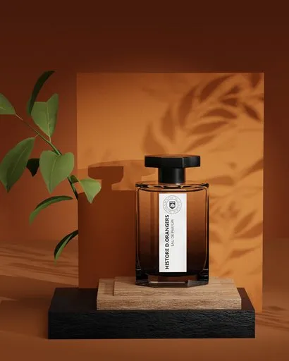 Perfume bottle 3D model showcased on a wooden stand with leafy shadow backdrop for product staging.