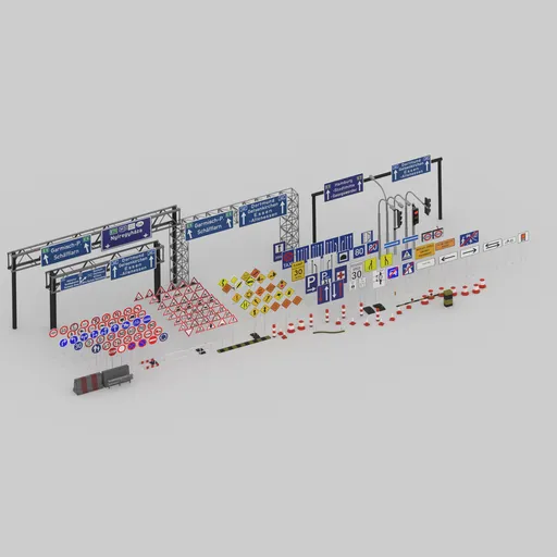 Detailed 3D model collection of customizable traffic signs and signals, ideal for Blender users.