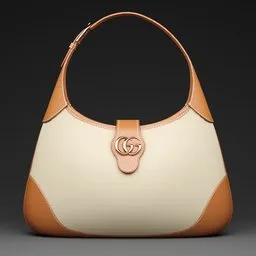 This is a 3D model of a Gucci handbag made of leather and fabric, created in Blender 3D. The design includes a gold buckle and features a cream and white color scheme. The model is inspired by David G. Sorensen and is suitable for in-game use.