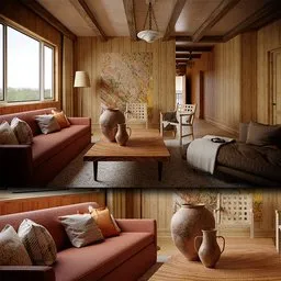 Rustic cabin living room 3D render with PBR textures, unique materials, modeled in Blender and Marvelous.