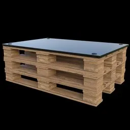 Wooden Euro pallet 3D model turned into a table with glass top for CG projects in Blender.
