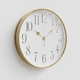 Elegant 3D model clock with a golden frame and white face, suitable for various interior renderings in Blender.