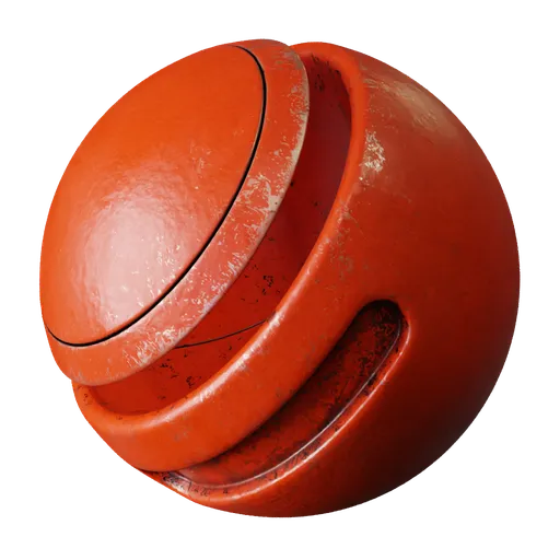 Red painted metal PBR material with realistic edge wear and ambient occlusion for Blender 3D, ideal for aging metallic surfaces.