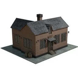 Highly detailed Old Pub 3D model, Blender compatible, featuring exterior with barrels and brick textures.