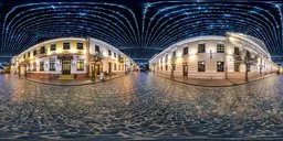 Cobbled street with illuminated strings of lights overhead, providing dynamic lighting for 3D scene rendering.