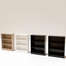Variants of 3D modeled bookshelf in Blender, ideal for virtual architectural visualization, showcasing diverse textures.