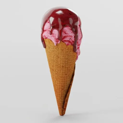 Highly detailed Blender 3D model of melting strawberry ice cream in cone, ideal for Cycles rendering.