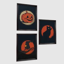 Three digital framed Halloween artworks depicting a pumpkin and spooky motifs, created for Blender 3D modeling software.