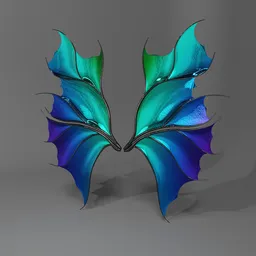 Detailed 3D fantasy wings model with vibrant blue and green colors, ready for rigging in Blender.