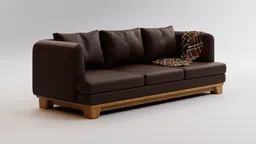 Detailed 3D rendering of a brown leather couch with wooden legs and a colorful throw blanket.