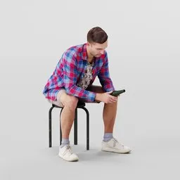 3D model of a thoughtful young man in plaid shirt and shorts, holding a bottle, for Blender.