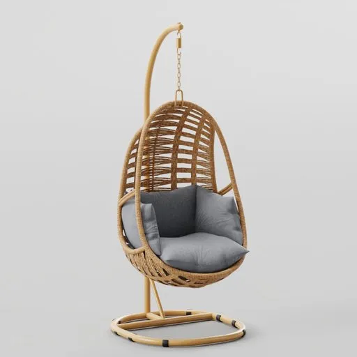 Detailed 3D rendering of a modern hanging basket chair with plush cushions, ideal for Blender 3D projects.