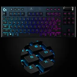 "Logitech G915 TKL keyboard model for Blender 3D - high quality and sleek design in black, blue and purple color scheme. Glowing keys and waterproof features make it a top-choice for gamers and professionals alike. Official product photo with two color options for realism. "