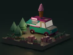Detailed 3D Blender model of a whimsical ice cream truck with pastel colors and geometric design.