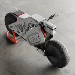 "Get ready for the future of electric motorcycles with the E toff Electric Bike 3D model. This highly detailed BlenderKit creation features metal with graffiti accents and a large tire on a concrete floor. Inspired by Mike "Beeple" Winkelmann's style, it's the perfect addition to your sport-themed 3D renders."