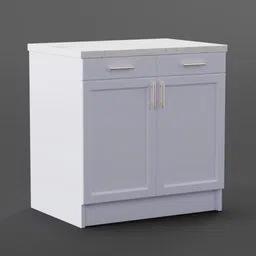 3D-rendered white kitchen cupboard model featuring double doors, drawers, and metal handles for Blender design.
