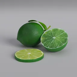 "Highly-detailed Lime 3D model with leaf and slice on table - perfect for Blender 3D. Handmade and optimized with decimate mod for efficient rendering. Ideal for use in fruit and vegetable themed projects."