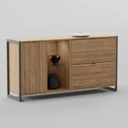 "Blender 3D model of Sideboard 160 by livetastic, as seen on XXXLutz, in Factory Zone style. Features wooden cabinet and black vase on top with Asian inspiration. Rendered with Vue in 2018."