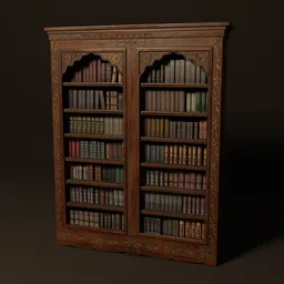 Detailed Victorian-style wooden 3D bookcase with books for Blender, PBR texture-compatible with dark tones.