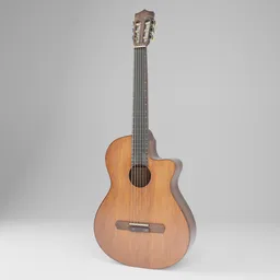Detailed 3D rendering of a six-stringed acoustic Spanish guitar for Blender model showcase.