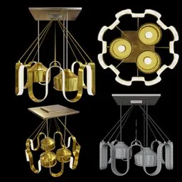 "A golden jhoomar or ceiling light for luxurious interior decoration, modeled in Blender 3D. This architectural rendering features interconnecting pendants amidst a bunch of lights, perfect for adding elegance to any space. A must-have for fans of the Criterion Collection and Newton's cradle."