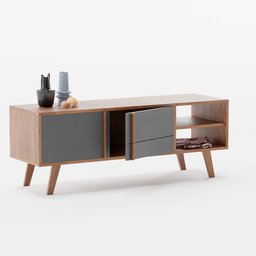 "TV cabinet NIELS, a wooden cabinet with two drawers and a shelf, designed by Tikamoon. This 3D model, created with Blender 3D software, features a combination of glass and metal elements, reminiscent of the Peugot Onyx. Perfect for animation projects and TV-related scenes, this detailed product image showcases the TV cabinet from various angles in muted colors."