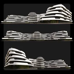 Sophisticated Blender 3D model of a curvilinear hotel with layered terraces, reflective glass, and integrated green spaces.