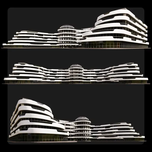 Sophisticated Blender 3D model of a curvilinear hotel with layered terraces, reflective glass, and integrated green spaces.