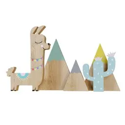 "Wooden toy kit featuring a colored MDF Llama, mountains, and cactus, perfect for decorating children's spaces, tables, and headboards. Blender 3D model with cute and playful aesthetic, ideal for adding a touch of whimsy to any setting. Great for retail displays or enhancing plain walls."