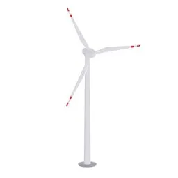 "3D model of a wind turbine used for transforming wind energy into electricity, created with Blender 3D software. Realistic design with smooth, rounded shapes and red tailcoat. Isolated on a white background for easy use as official artwork or telegram sticker."
