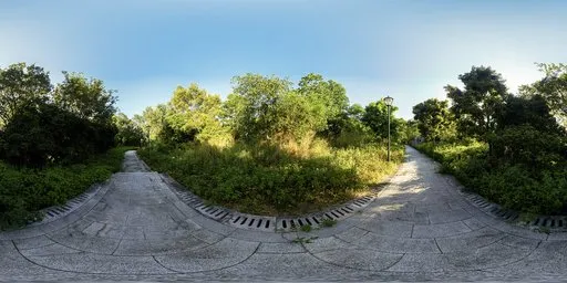 360-degree HDR panorama for realistic lighting with paved path, lush greenery, and clear skies.