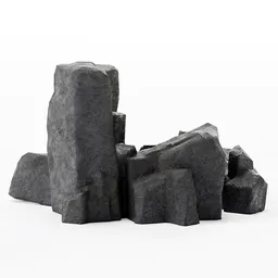 Detailed low poly 3D model of sharp black rocks with realistic PBR textures, suitable for Blender rendering.