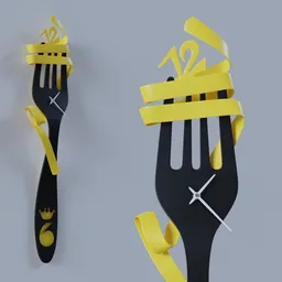 "Kitchen-themed gourmet wall clock titled 'Fork clock' made in 2019, designed in Blender 3D software. This royal-style design features two forks with yellow ribbons, black clock face, and finer details like the long elegant tail. Award-winning, this 3D model is perfect for design enthusiasts and those looking to add a touch of elegance to their kitchen decor."