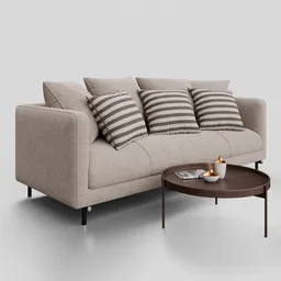 Blender 3D realistic model of a contemporary fabric 3 seater sofa with coffee table and minimal decor.