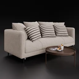 Blender 3D realistic model of a contemporary fabric 3 seater sofa with coffee table and minimal decor.