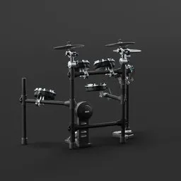 Detailed 3D model of electronic drum kit for Blender animation and game development, with cymbals and pedals.