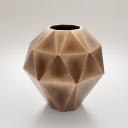 High-poly geometric 3D vase with brushed copper texture, rendered in Blender, utilizing PBR material for realism.