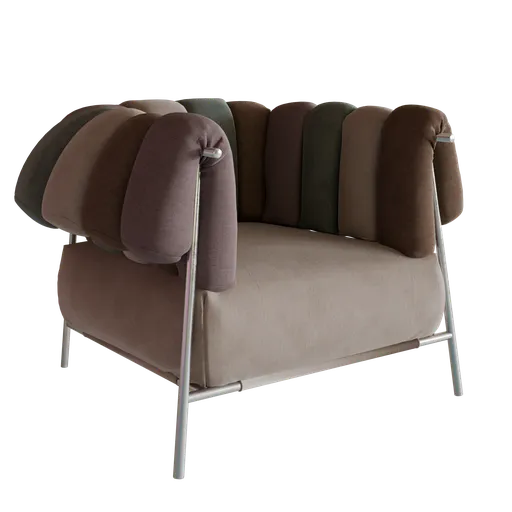 Detailed Tirella armchair 3D model with customizable fabric layers and metal finish, ideal for Blender 3D projects.