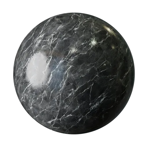 Dark charcoal and white veined PBR marble texture for 3D modeling and rendering.
