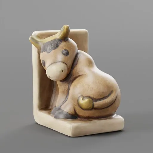 Detailed ceramic bull bookend, 3D model render, compatible with Blender, perfect for virtual shelf decor.