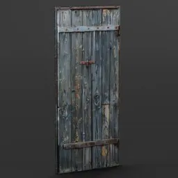 Weathered wood texture on structured shed door model, realistic rusty metal hardware, high detail Blender 3D asset.