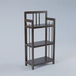 Detailed 3D model of vintage solid wood shelving unit with natural wear textures for Blender design.