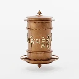 Detailed 3D model of a Tibetan Prayer Wheel with intricate designs, ideal for Blender rendering and spiritual cityscape scenes.