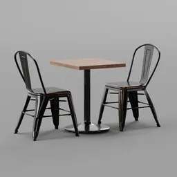 "3D model of a bar table and chairs on a gray background, rendered in Blender. Ideal for restaurant and bar scenes. High-quality details, including a black fork and a tall thin frame."
