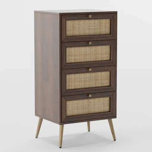Detailed 3D model of a retro Scandinavian-style wooden commode with rattan drawers, customizable colors, for Blender.