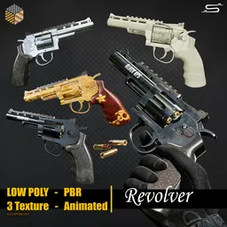 Detailed animated Revolver 3D model with 4K textures for Blender, showcasing multiple views and texture styles.