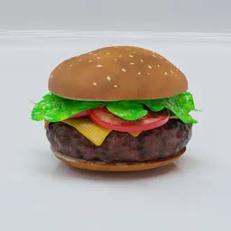 Detailed 3D model of a large, realistic burger with lettuce, tomato, and cheese, suitable for Blender rendering.