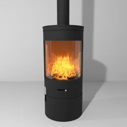 3D Blender model of a modern free-standing black fireplace stove with realistic orange flames.